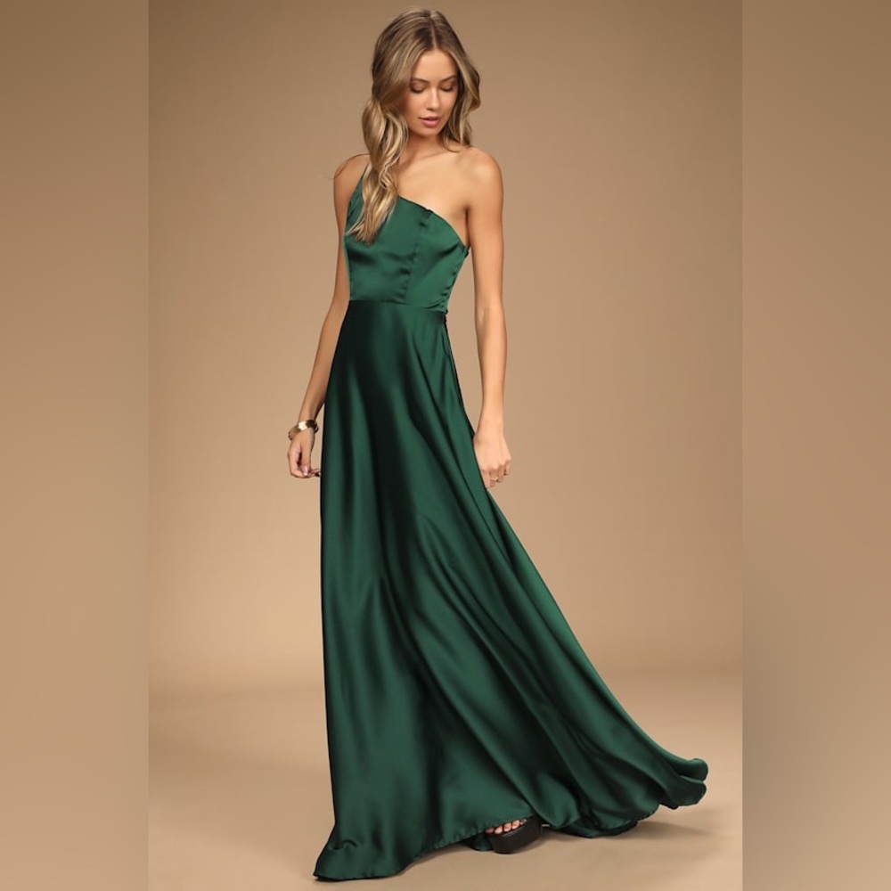 Lulu's Forest Green One-Shoulder Gown